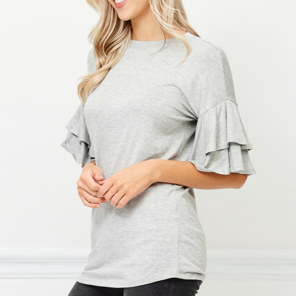 "ROUND NECK RUFFLE SLEEVE TOP" - Picture 3 of 6
